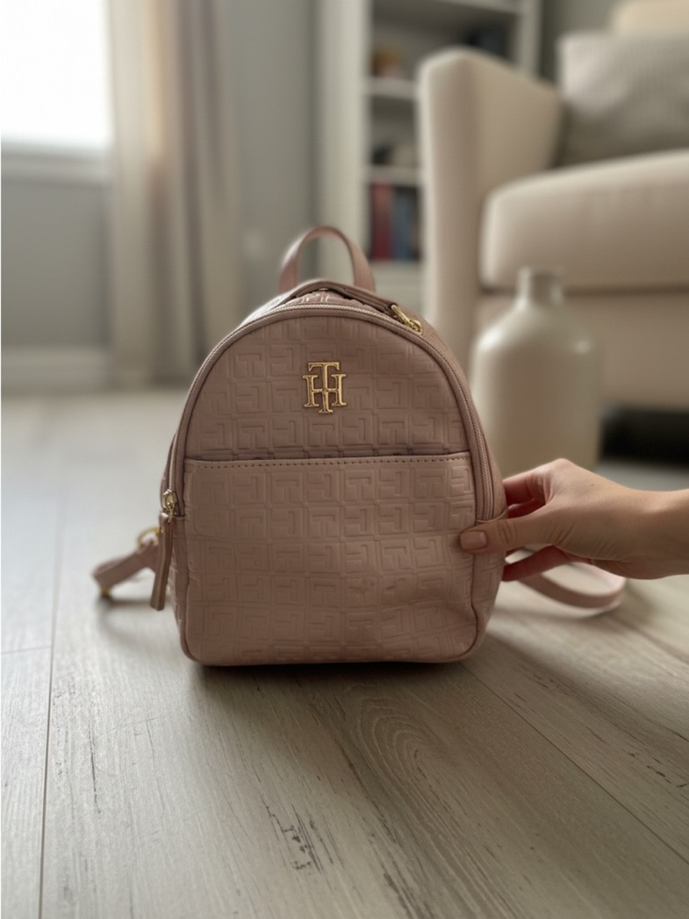 Tommy Hilfiger Blush Pink Mini Backpack with Gold Logo